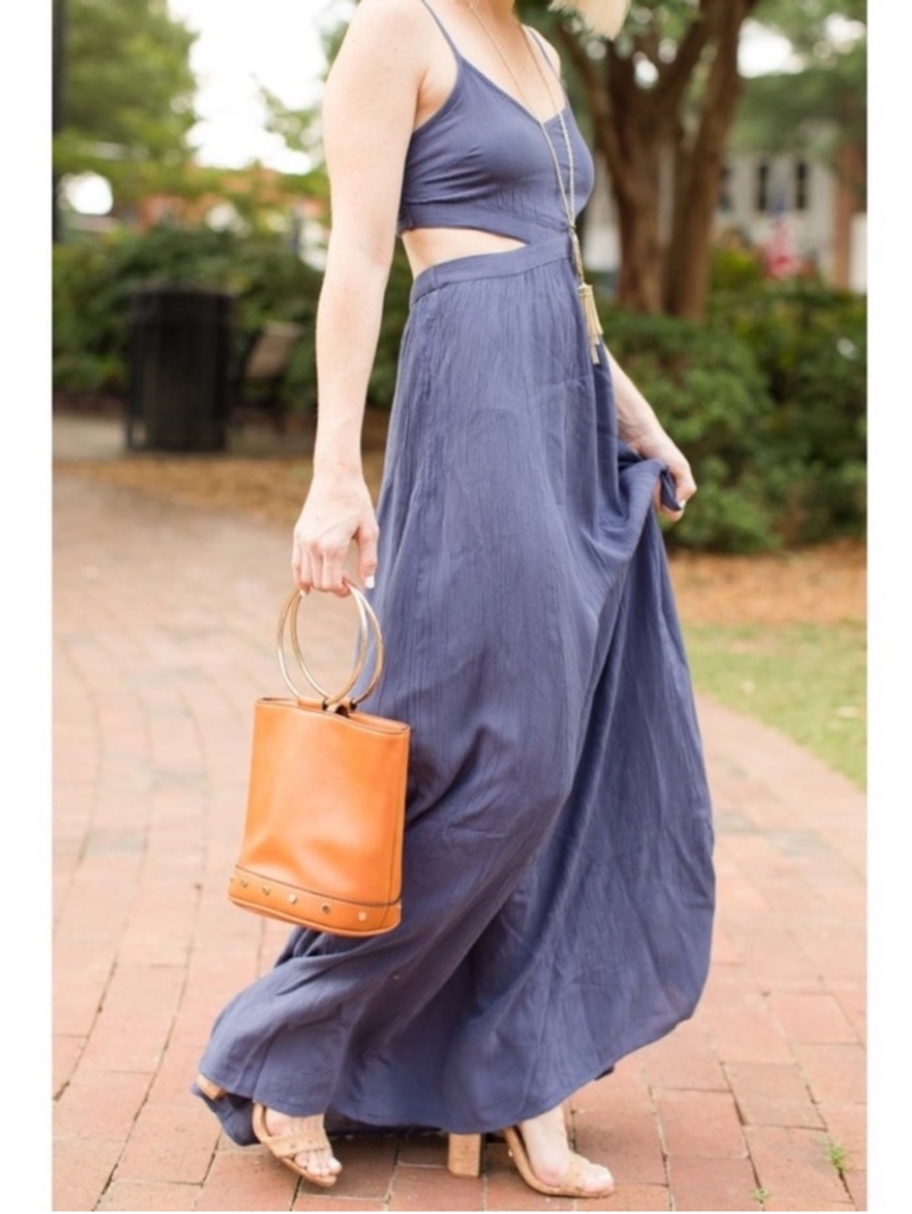 NWT aerie | Gauzy Cutout Maxi Dress Dusty Indigo Smocked Back Cami Straps Boho